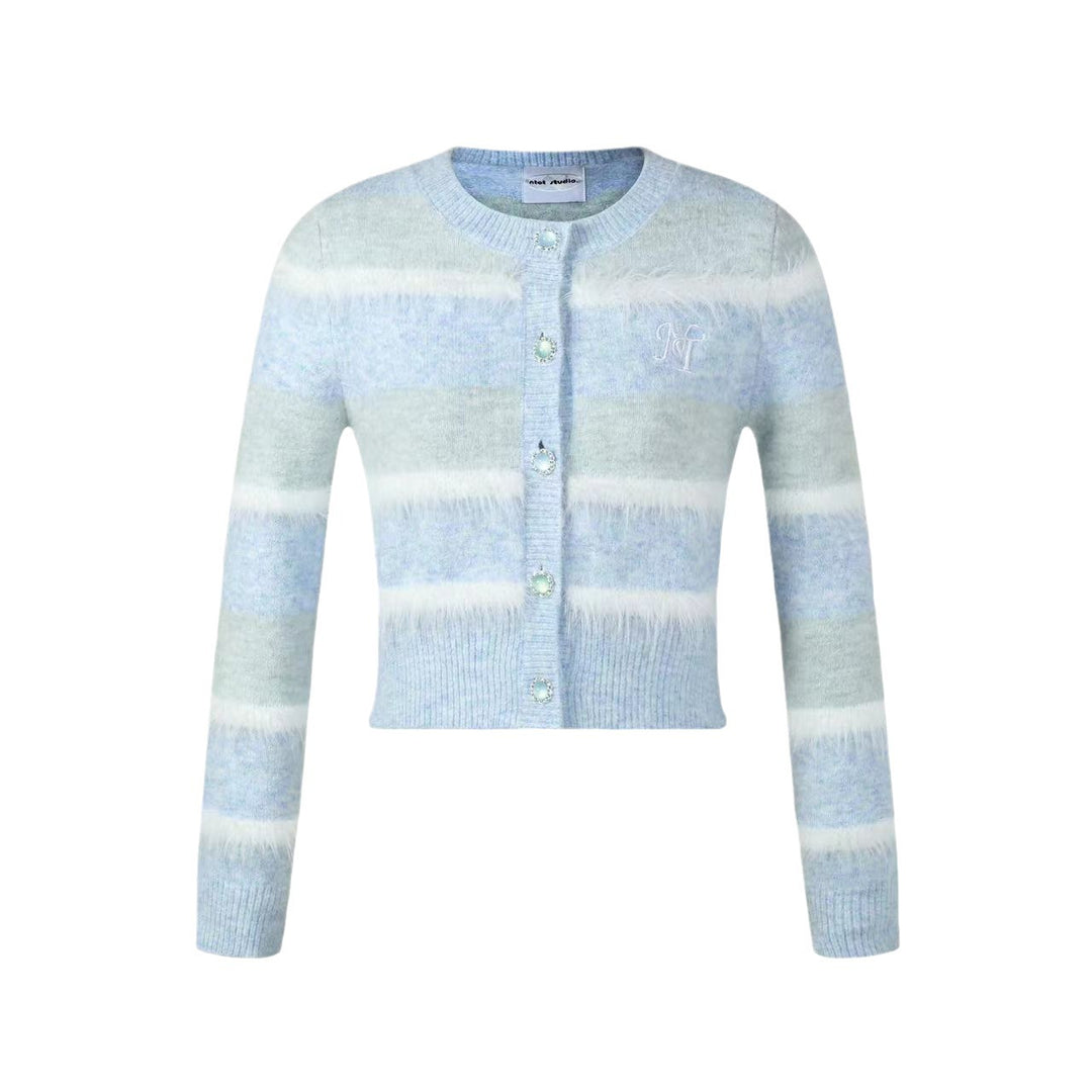 Damen Strickjacke mit breiten Streifenmuster und eleganten Knopfdetail EB