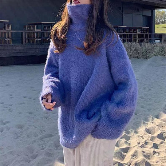 Damen Flauschiger Pullover mit Lockere Passform und Hohem Kragen EB