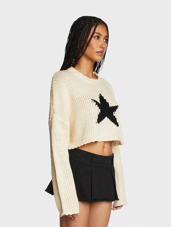 Damen modischer Grobstrickpullover mit trendy Sternenapplikation EB