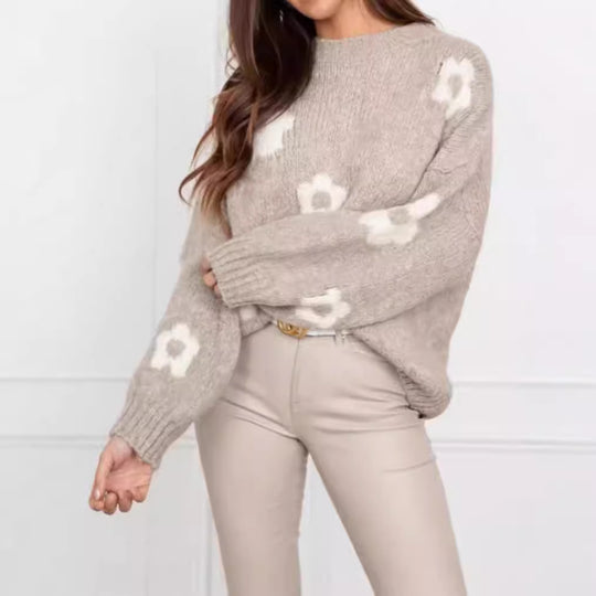 Damen gemütlicher Strickpullover mit floralem Muster EB