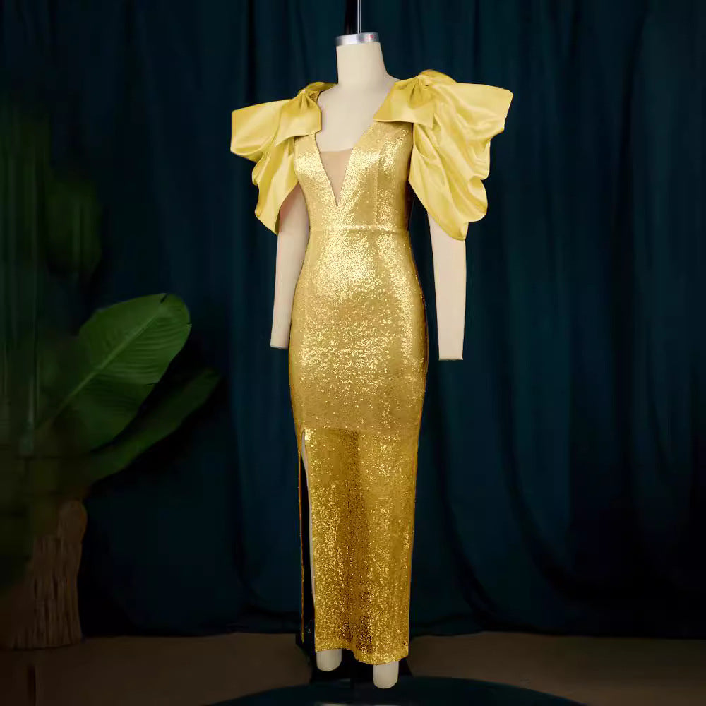 Damen Figurbetontes Glamour-Kleid mit schimmerndem Stoff und voluminösen Ärmeln EB