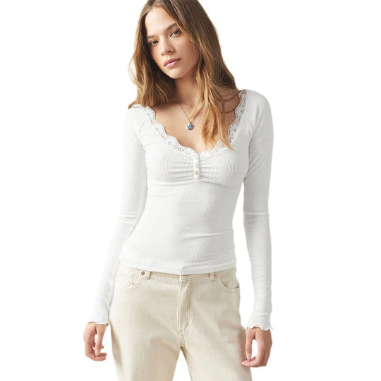 Damen Langarmshirt mit Spitzendetails und Knopfleiste EB