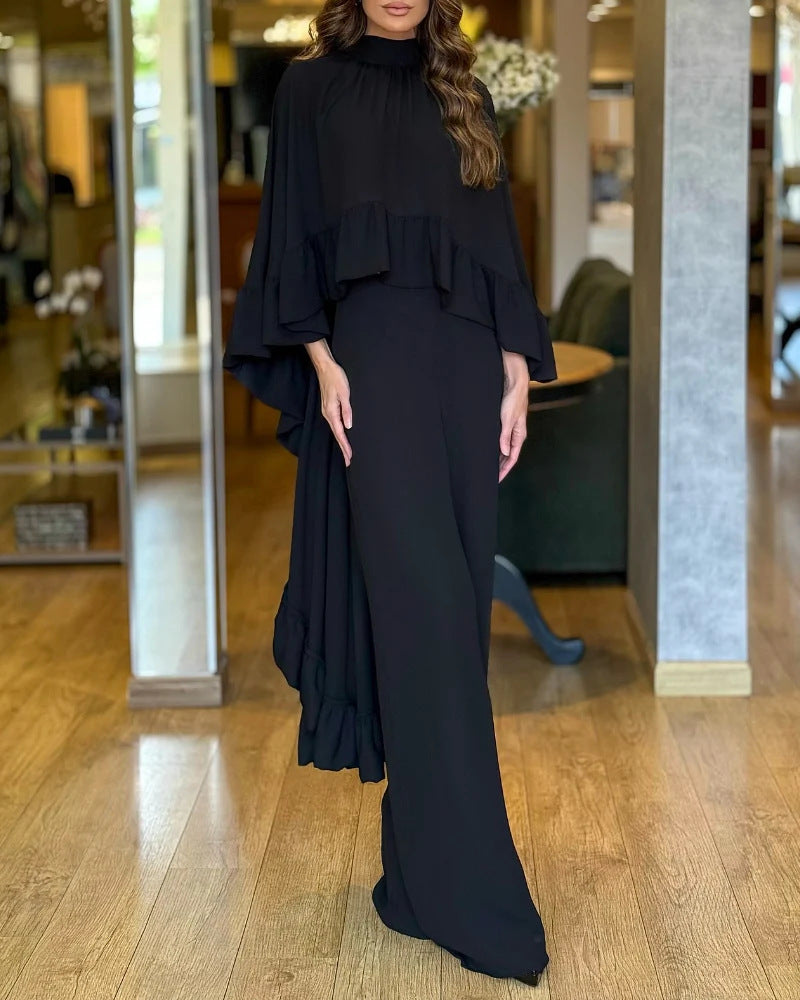 Damen Eleganter Overall mit Cape-Volant und weitem Palazzohosenbein EB
