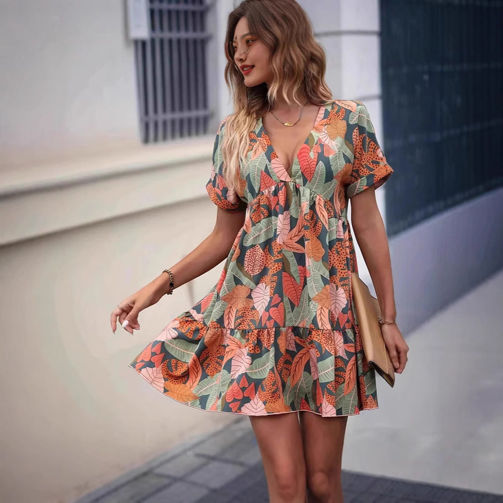 Damen lässiges Freizeitkleid im Boho-Stil mit voluminösem Rock und elastischem Tailleneinsatz EB