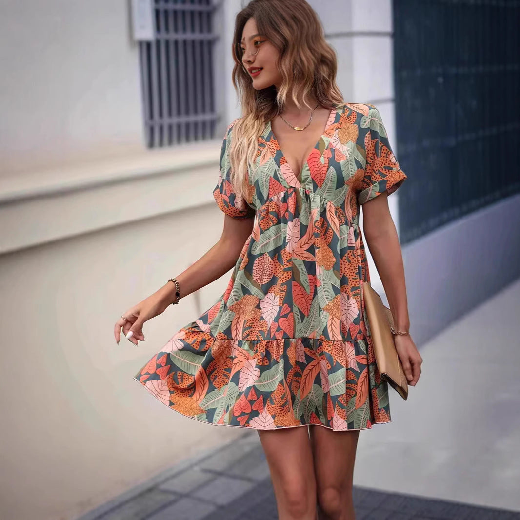 Damen lässiges Freizeitkleid im Boho-Stil mit voluminösem Rock und elastischem Tailleneinsatz EB