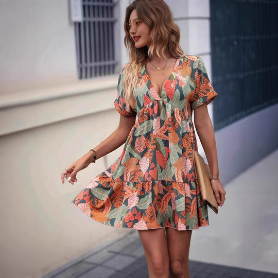 Damen lässiges Freizeitkleid im Boho-Stil mit voluminösem Rock und elastischem Tailleneinsatz EB