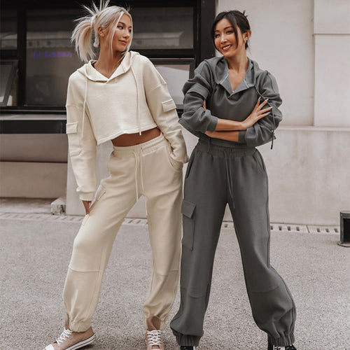 Damen nan Cropped Kapuzenpullover mit Highwaist Cargo-Joggingshose Set EB