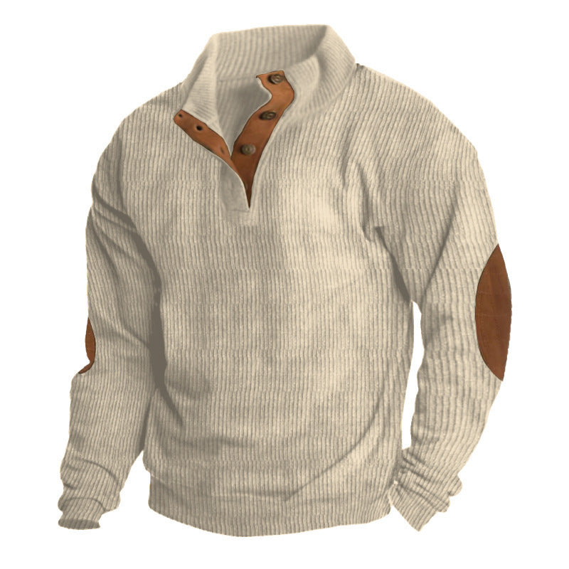 Herren nan grober Rippstrick-Pullover mit Stehkragen, Knopfleiste und markanten Ellenbogenpatches EB