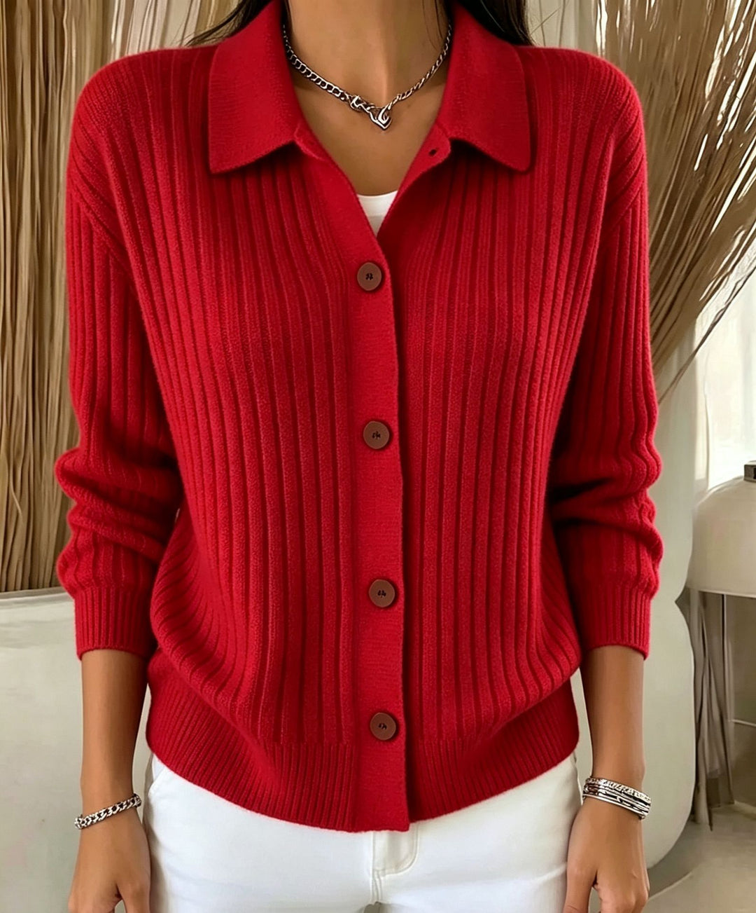 Damen Feiner gerippter Knopf‑Cardigan mit Hemdkragen und kastiger Silhouette EB