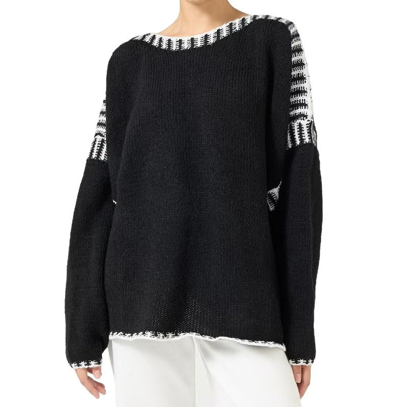 Damen Oversize Grobstrickpullover mit Kontraststreifen an Schultern und Saum EB