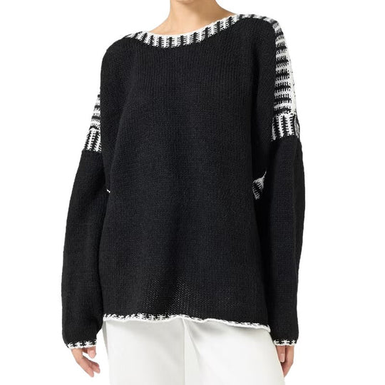 Damen Oversize Grobstrickpullover mit Kontraststreifen an Schultern und Saum EB