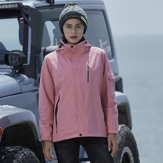 Damen Wasserdichte Outdoorjacke mit Kapuze, atmungsaktiver Membran und Multifunktions‑Reißverschlusstaschen EB
