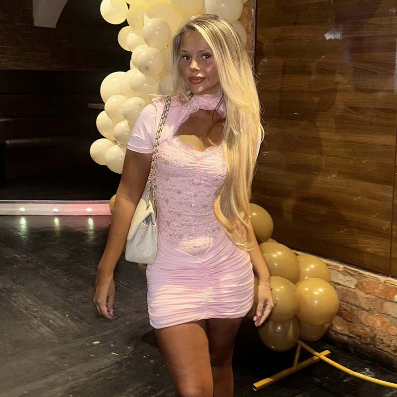 Damen Mini-Kleid mit sexy Rüschen und Spitzenakzenten EB