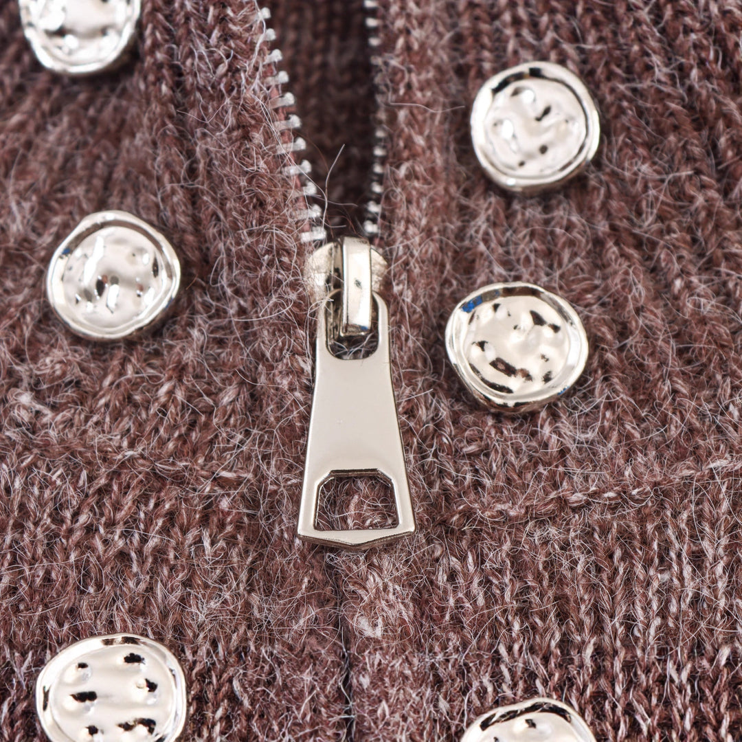 Damen modischer Strickpullover mit stilvollem Reißverschluss und dekorativen Knöpfen EB