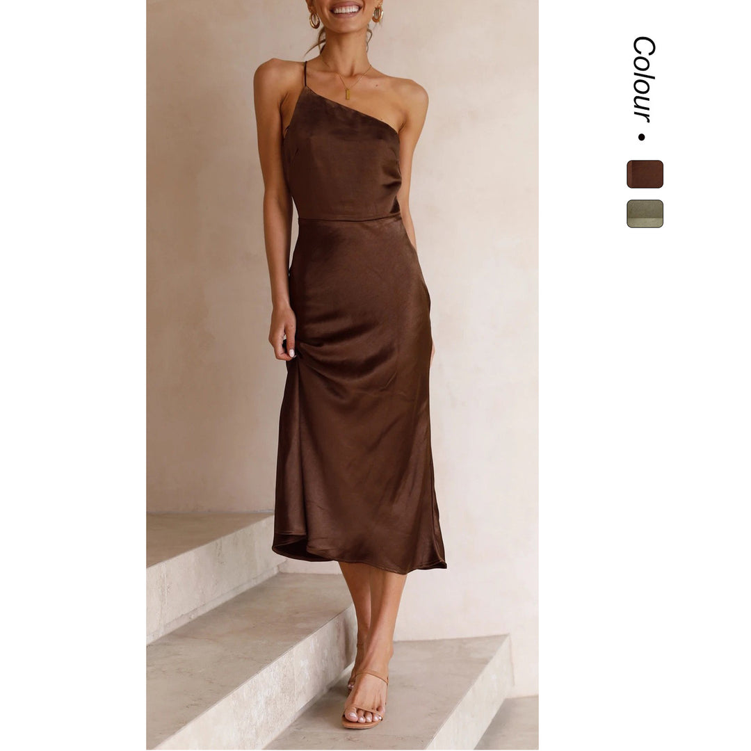 Damen Satin Wickelkleid mit schmalem Trägerdesign und verspieltem Saum EB