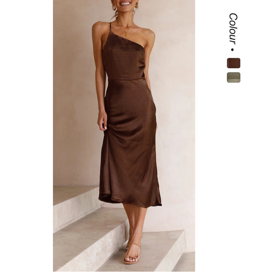 Damen Satin Wickelkleid mit schmalem Trägerdesign und verspieltem Saum EB