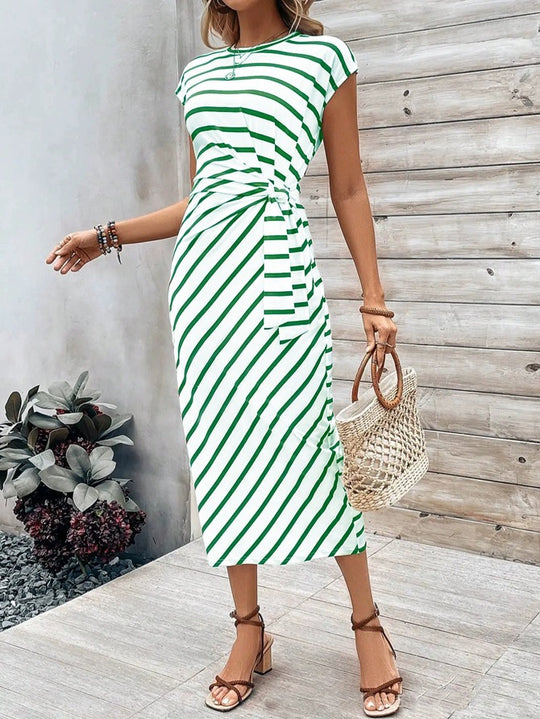 Damen Wickelkleid im modernen Streifenlook mit Taillenknoten EB