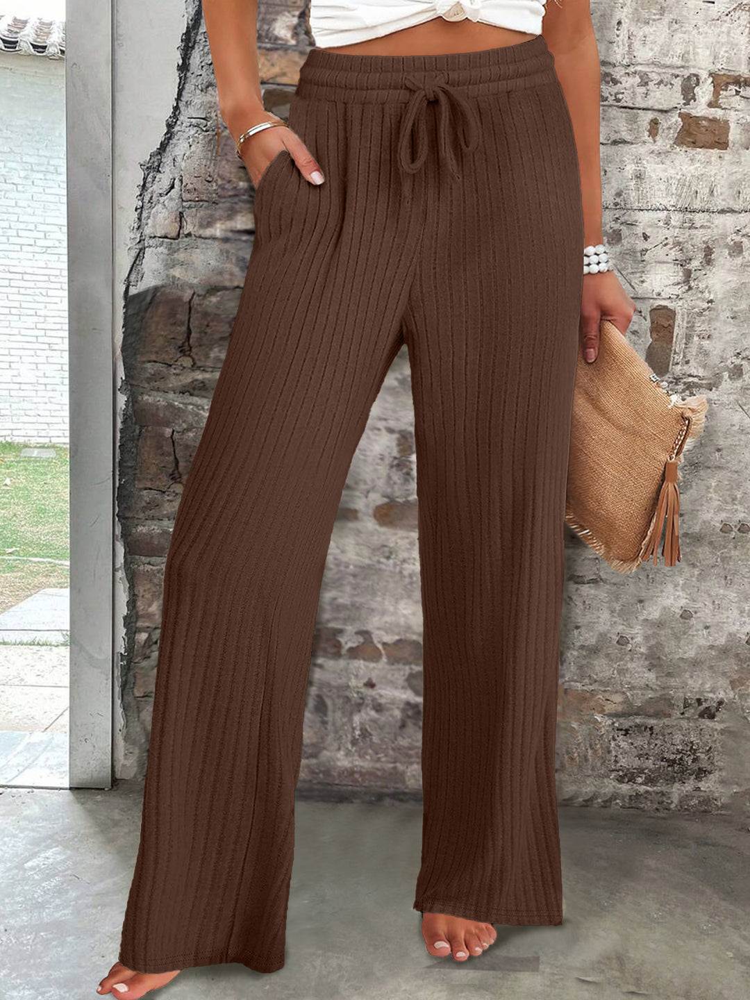 Damen Weiche Rippstrick-Hose mit elastischem Bund und praktischen Taschen EB