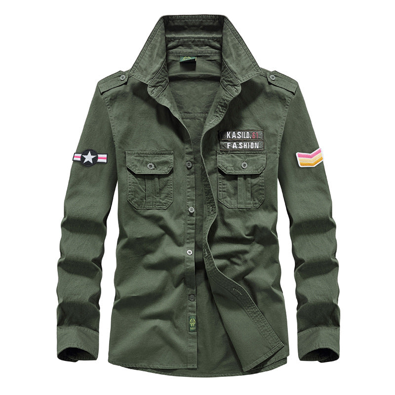 Herren nan militärisches Langarmhemd mit gestickten Abzeichen und Brusttaschen EB