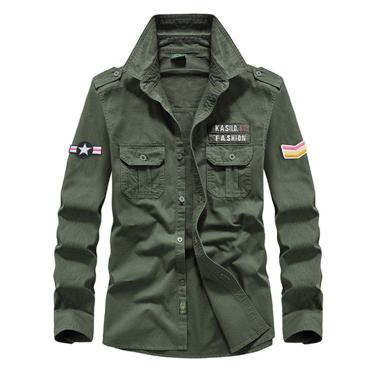 Herren nan militärisches Langarmhemd mit gestickten Abzeichen und Brusttaschen EB