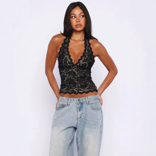 Damen Spitzen-Top mit tiefem V-Ausschnitt und raffinierten Details EB