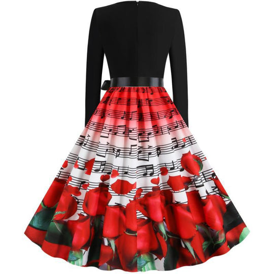 Damen tailliertes A-Linien Kleid mit Noten- und Rosenprint Langarm und Taillenschleife EB