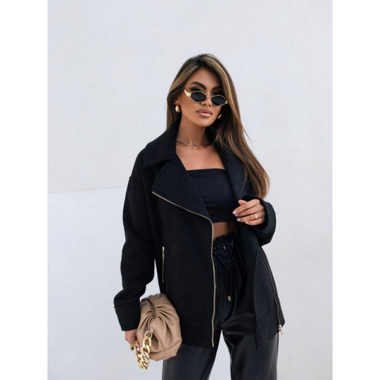 Damen elegante flauschige Bikerjacke mit goldenen Reißverschlussdetails EB