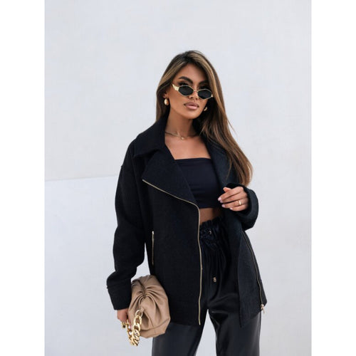 Damen elegante flauschige Bikerjacke mit goldenen Reißverschlussdetails EB