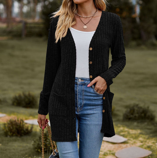 EB | Strickjacke Wollstrick Lässige Passform Knöpfe Rippstrick mit Taschen
