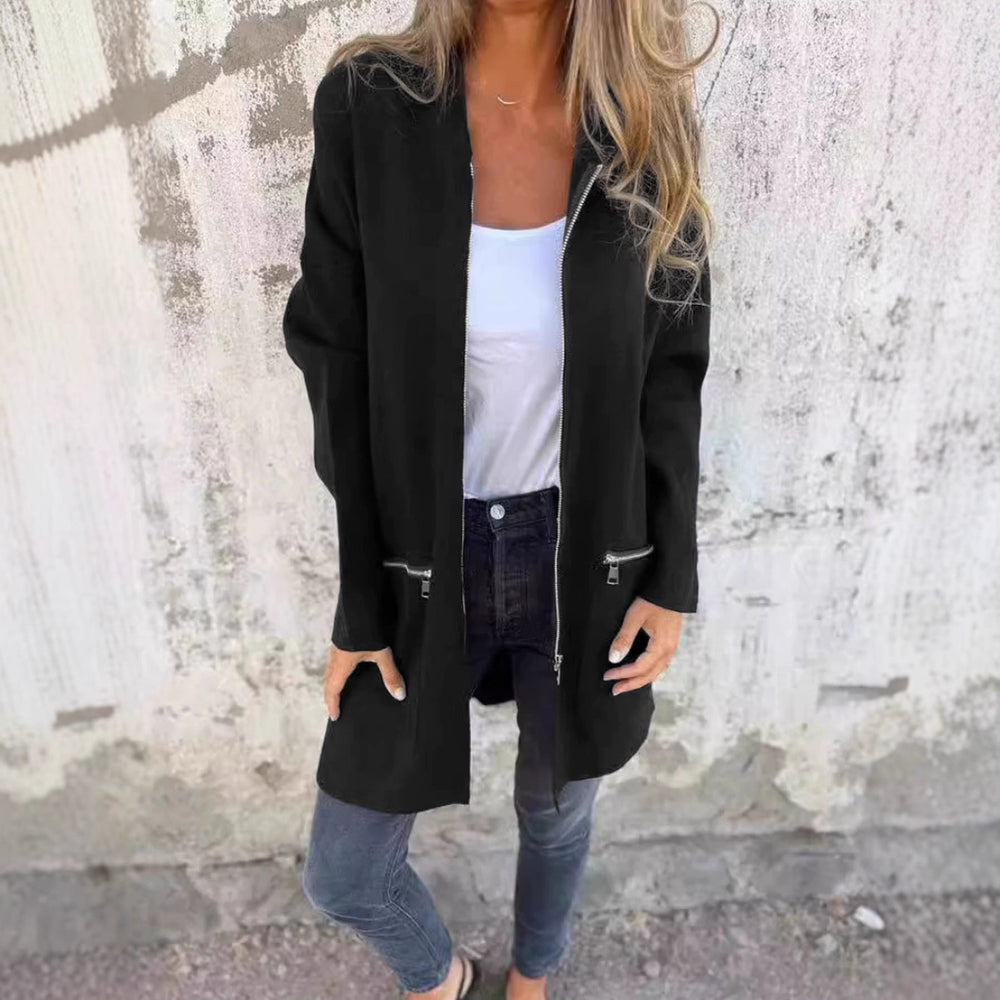 Damen Lange Strickjacke mit durchgehendem Reißverschluss und praktischen Taschen EB