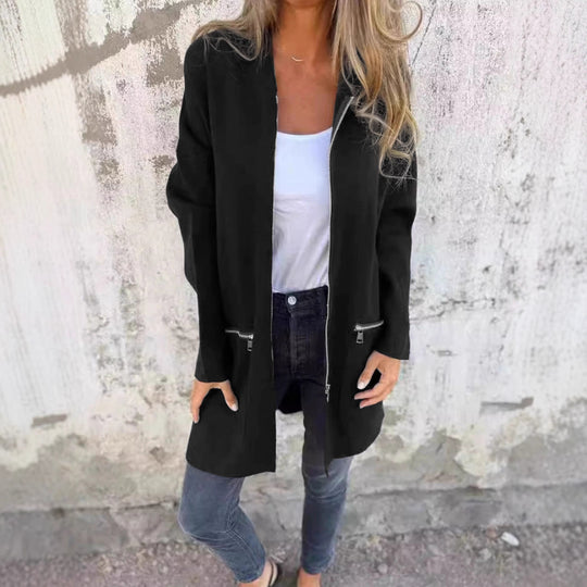 Damen Lange Strickjacke mit durchgehendem Reißverschluss und praktischen Taschen EB