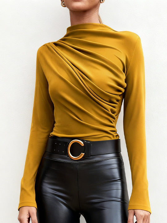 Damen elegantes Langarmshirt mit luxuriösem Drapierungsdesign und schickem Stehkragen EB