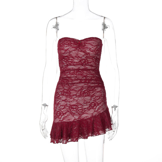 Damen Spitzenkleid mit schulterfreiem Design und eleganter Rüschendetail EB