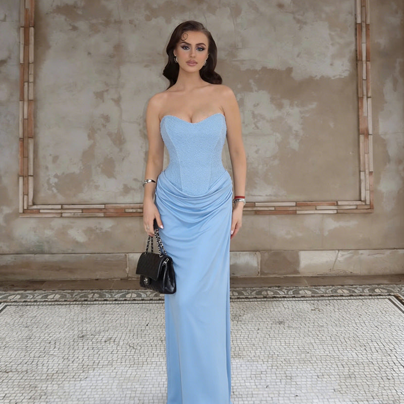 Damen Elegantes Maxikleid mit herzförmigem Ausschnitt und Rüschendetails EB