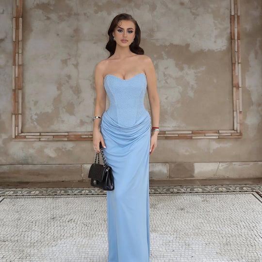 Damen Elegantes Maxikleid mit herzförmigem Ausschnitt und Rüschendetails EB