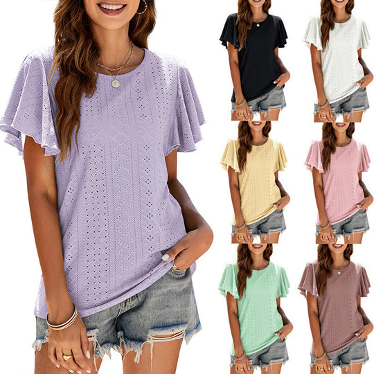 Damen T-Shirt mit eleganten Volantärmeln und durchbrochenem Design EB