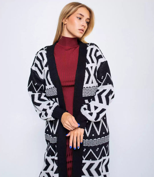 Damen Langer Strickcardigan mit geometrischem Muster und lässigem Schnitt EB
