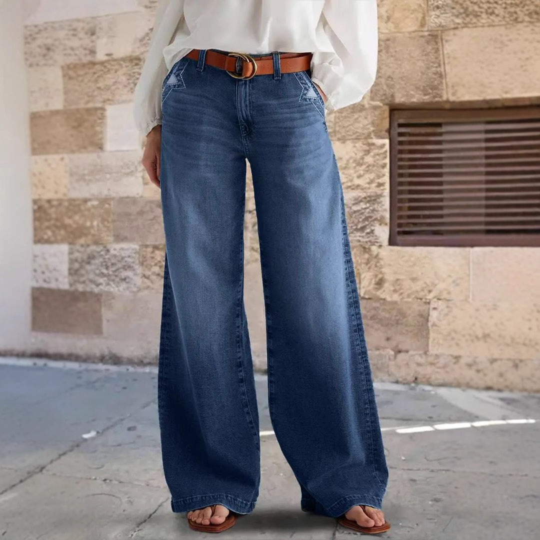Damen Weite Jeans im Boho-Stil mit hohem Bund und komfortablem Schnitt EB