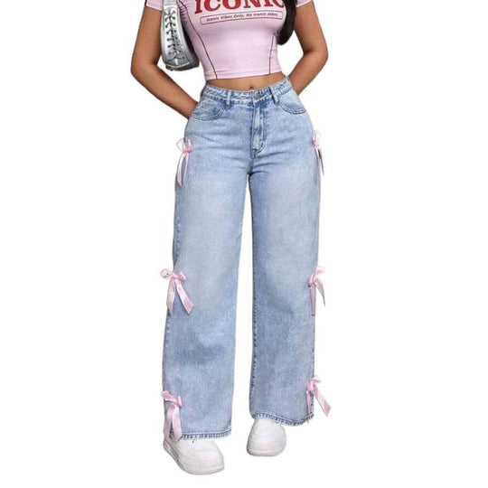 Damen Weite Jeans mit dekorativen Schleifen-Details EB