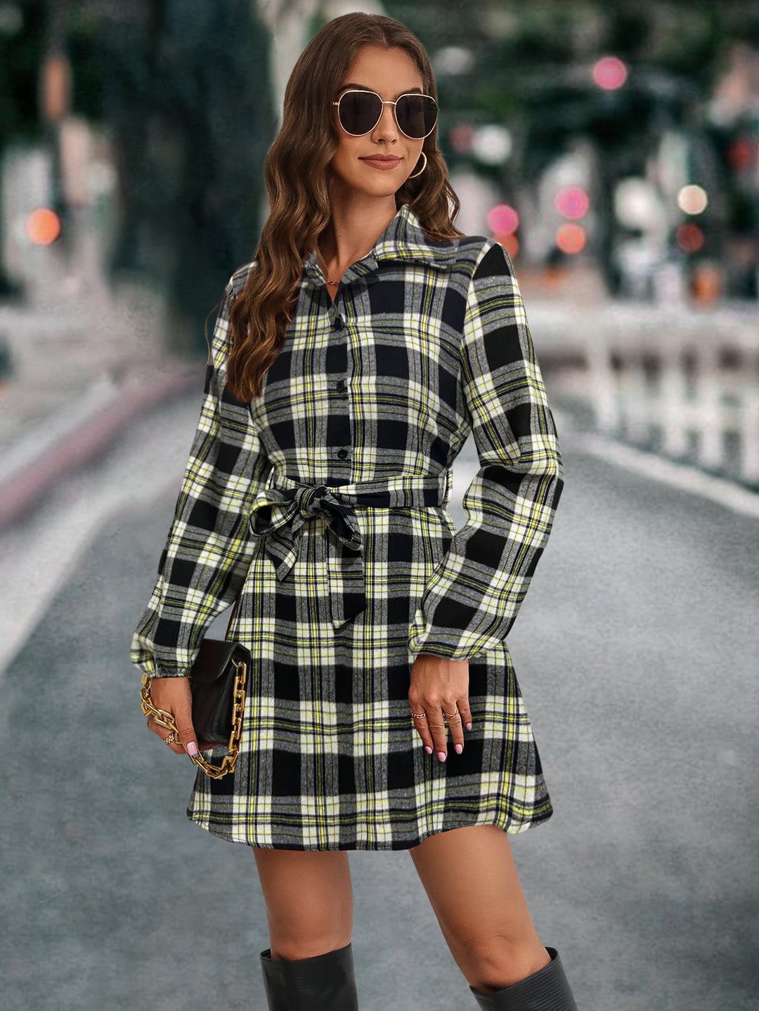 Damen Karohemdkleid mit Bindegürtel und langen Ärmeln EB