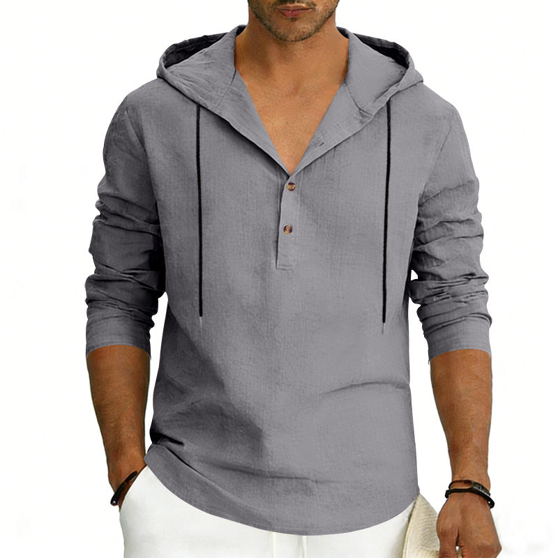 Herren nan Leinen-Henley-Kapuzenhemd mit kurzer Knopfleiste, Kapuze und relaxtem Schnitt EB