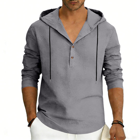 Herren nan Leinen-Henley-Kapuzenhemd mit kurzer Knopfleiste, Kapuze und relaxtem Schnitt EB
