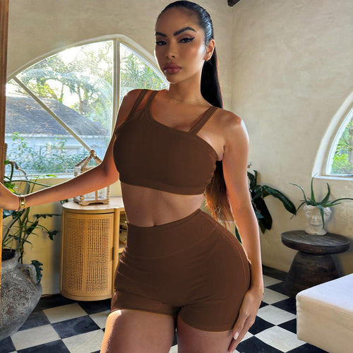 Damen Sportliches Crop-Top und High-Waist Short Set EB