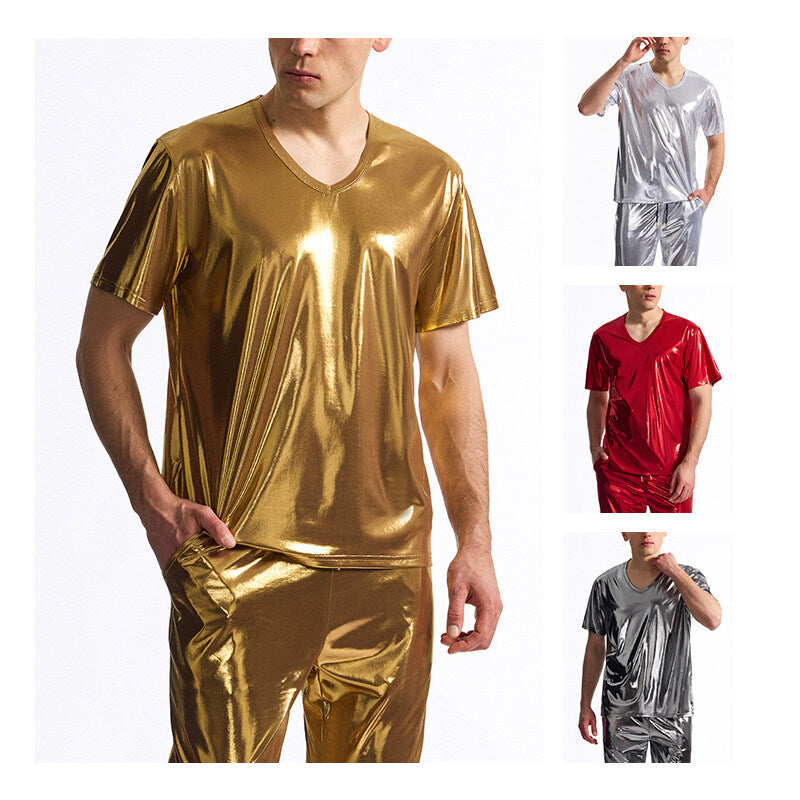 Herren Glänzendes V-Ausschnitt T-Shirt aus hochwertigen Materialien EB