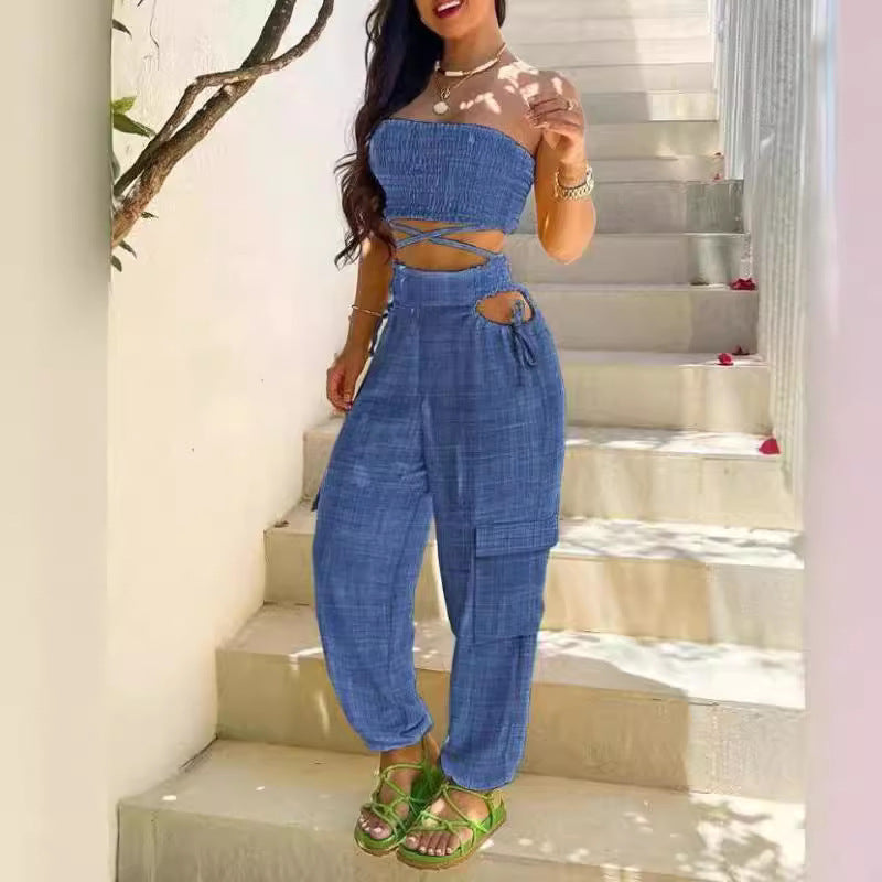 Damen Modischer Zweiteiler bestehend aus Crop Top und Cargo-Hose EB