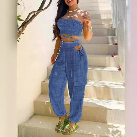 Damen Modischer Zweiteiler bestehend aus Crop Top und Cargo-Hose EB