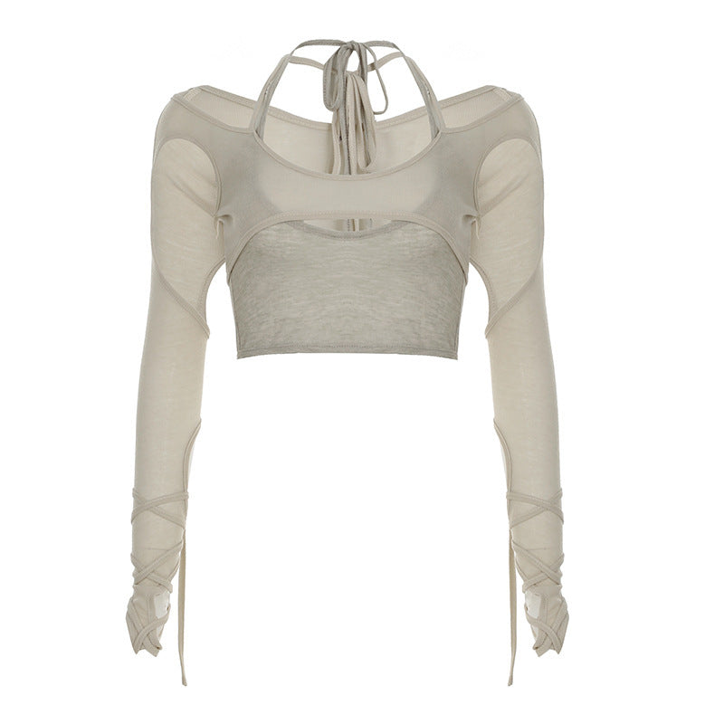 Damen Crop-Top mit raffinierten Rüschendetails und langärmligem Design EB