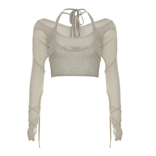 Damen Crop-Top mit raffinierten Rüschendetails und langärmligem Design EB