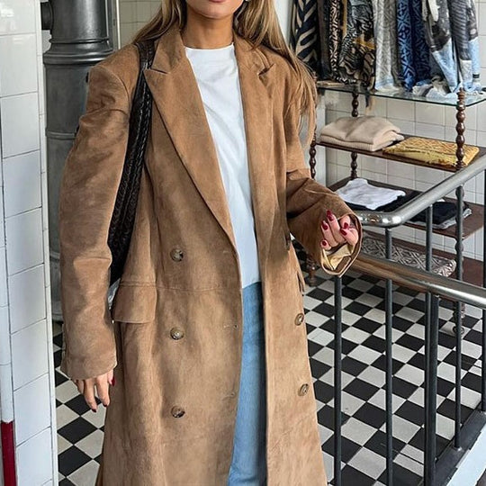 Damen Eleganter Wildleder-Trenchcoat mit doppelt geknöpftem Design EB