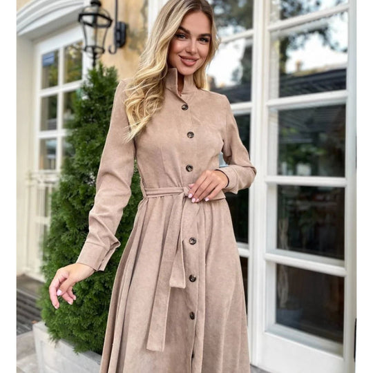 Damen Midi-Kleid mit Knopfleiste und Taillengürtel EB